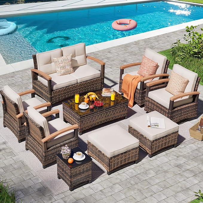 MEISSALIVVE 9 Pieces Outdoor Patio Furniture Sets,PE Wicker Patio Conversation Sets with 2 Wood Armrests Swivel Rocker Chairs,2 Single Chairs, 2-seat Sofa and Coffee Table(Brown)