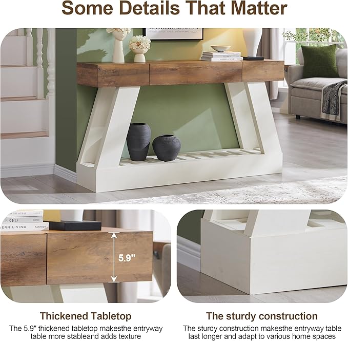 OKD 60" Farmhouse Entryway Table with Drawer, Console Table Behind Sofa, Narrow Long Entryway for Hallway, Living Room, Hallway, Behind Couch(Antique White)