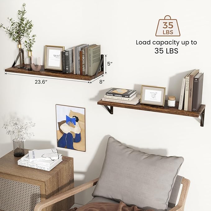 Axeman Floating Shelves for Wall 24 Inch | 24W x 8D Rustic Floating Wall Shelves Set of 2 | 8 Inch Deep Wood Shelves for Bathroom Kitchen Living Room | Bookshelf Display Shelves