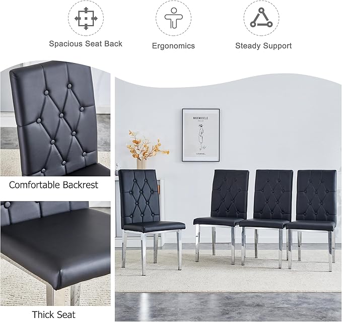 Modern Dining Table Set for 4,Dining Room Table Set for 4,Kitchen Table Set with 4 PU Leather Chairs,63'' Glass Dining Table Set with Silver U-Shaped Table Legs and Rectangular Base