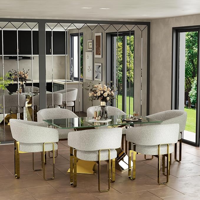63in Gold Dining Table, Rectangular Glass Dining Table for 4-6 with Waved Legs in Polished Gold Chrome Finish, for Luxury Kitchen, Dining Room, Living Room,Apartment