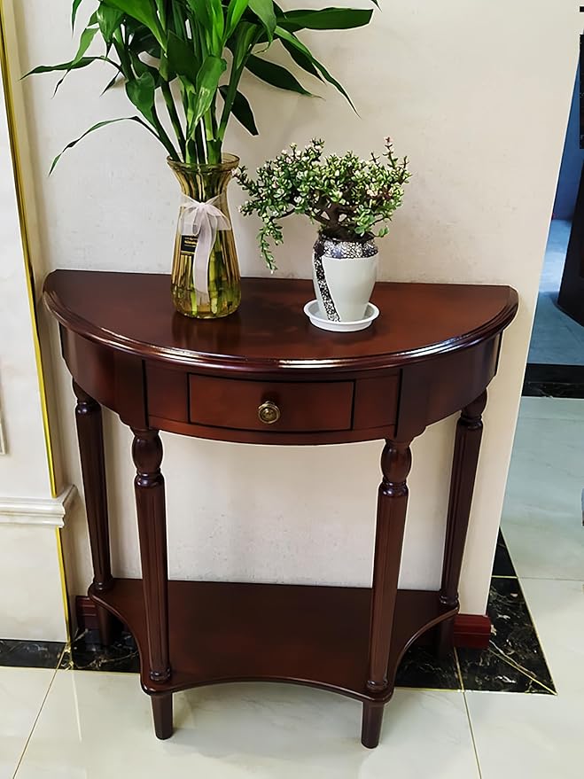 Solid Wood Console Table with Drawer, Semi-Circle Entryway Storage Shelf, Half-Moon Porch Table Side Elegant Vintage Sofa for Living Room (Walnut-Colored (31.5" L x 13.8" W x 31.5" H))
