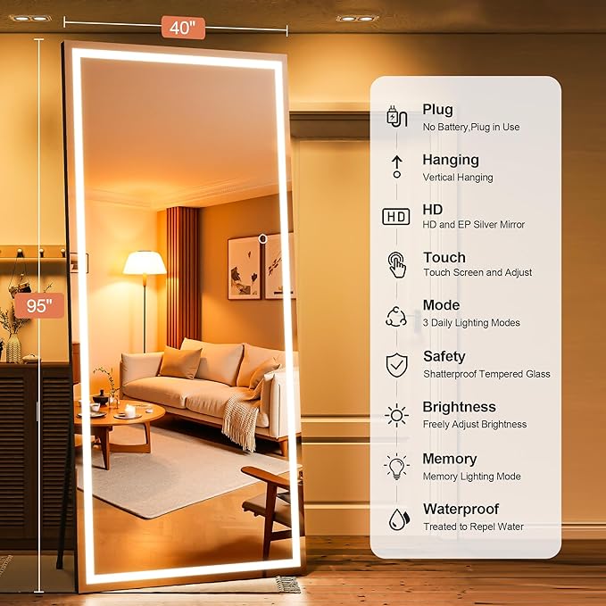 Full Length Mirror with Lights, 95" x 40" Large LED Lighted Floor Standing Body Mirror, Dimmable & 3 Color Lighting for Home Gym, Cloakroom, Living Room, Leaning & Hanging, Square Black