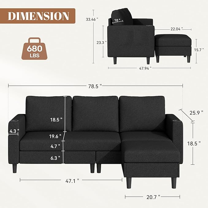 Upholstered Sectional Sofa and Couches, 78'' L Shaped 3-seat Sofa forLiving Room, Apartment, Lounge,Bedroom-Washable Covers Convertible Sofas(Linen Fabric,Black)