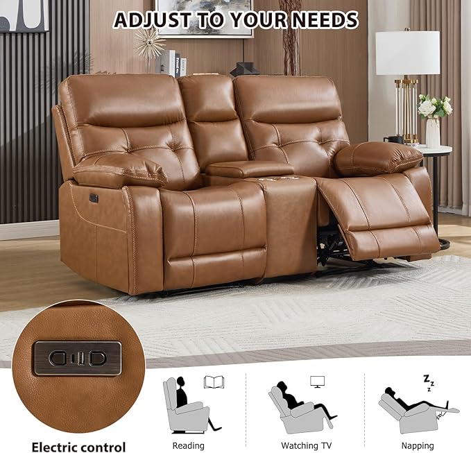 CANMOV Genuine Leather Power Recliner Loveseat, 2 Seat Loveseat Reclining Sofa with Storage Console,Hidden Cup Holders,Modern Electric Recliner Couch Set for Living Room, Bedroom,Brown