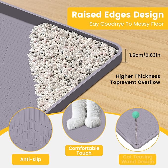 Cat Litter Mat, 38"X25" Large Litter Box Mat, Waterproof and Easy to Clean Silicone Cat Mat for Litter Box, Mat Litter Trapping Mat for Scatter Control, Keep the Floor Clean (Gray)
