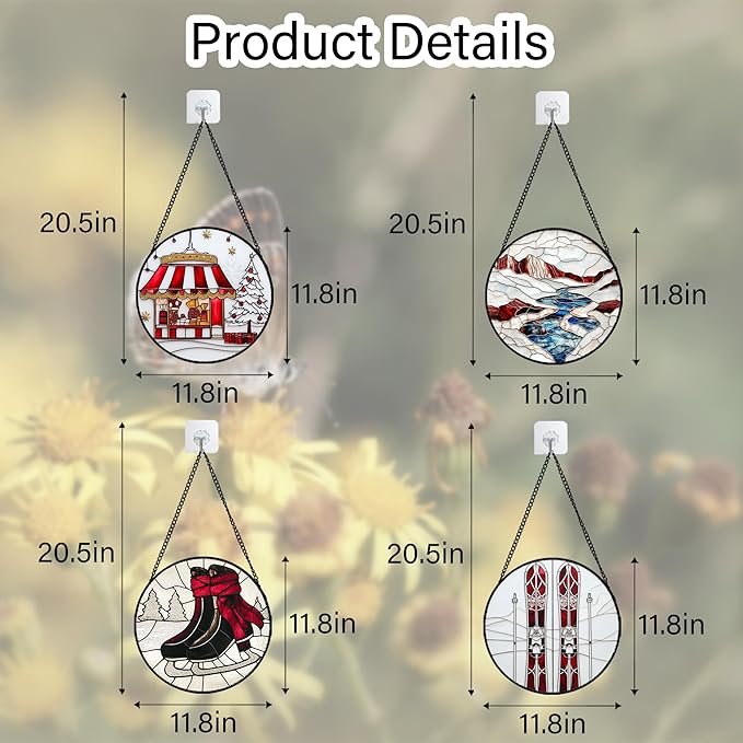 Stained Glass Window Hanging 4 Pcs Set Winter Skiing Red Christmas House Large 11.8" - Suncatcher Door Garden Sun Catcher Decor Birthday Mother's Day for Mom Woman Nana Friend