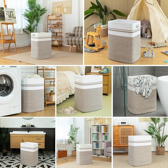 OIAHOMY 91L Laundry Hamper, XXXLarge Laundry Basket, Collapsible Cotton Rope Basket,Woven Storage Basket for Blankets,Clothes,Pillows-16x15x24-Yellow