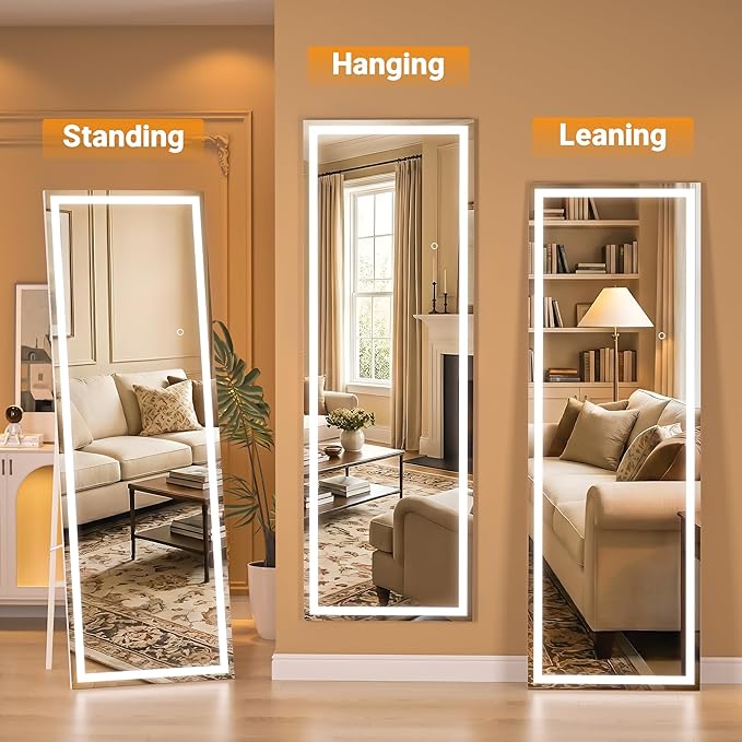 Full Length Mirror with Lights, 71" x 24" LED Lighted Floor Standing Mirror, Tempered Glass, Square Black