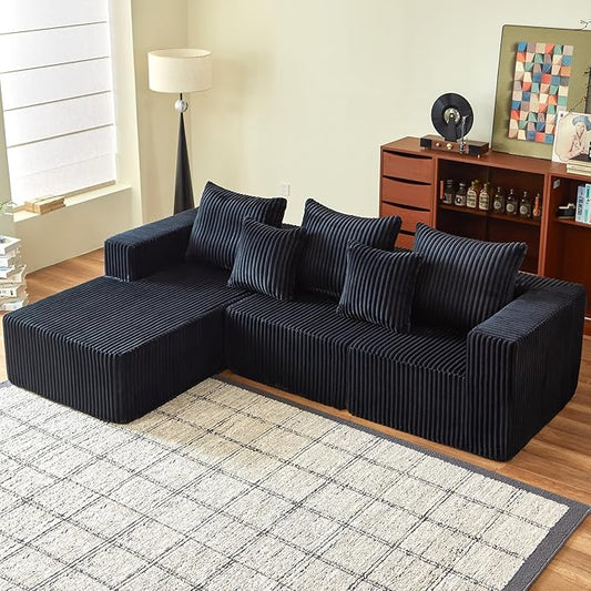 Boneless Sectional Sofa, 100.7" Cloud Sofa with Wide-Wale Corduroy, Deep Seat L Shaped Couch, All-Foam Filled Compressed Couch for Living Room (Black, Corduroy)