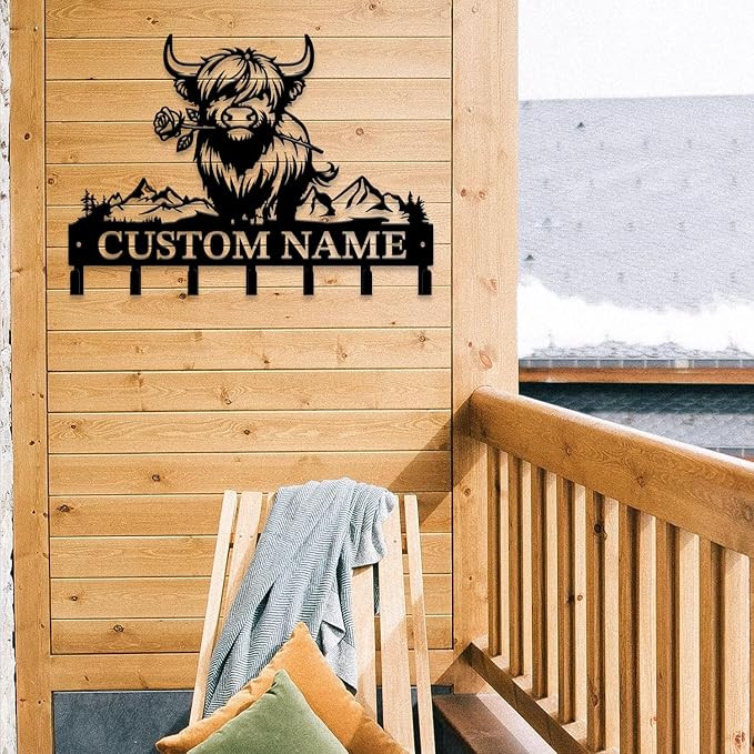 Personalized Highland Cow Metal Keys Hooks,Custom Name Metal Highland Cow Keys Hooks,Black Metal Highland Cow Wall Home Storage Decorative Keys Hooks,Key Holder Hooks for Wall (Style D)