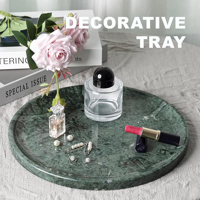 Natural Marble Serving Tray, 11.8in Marble Round Tray, Bathroom/Kitchen/Coffee Table Trays for Counter, Decorative Vanity Trays, Jewelry & Perfume Holder, Green Stone Serving Board
