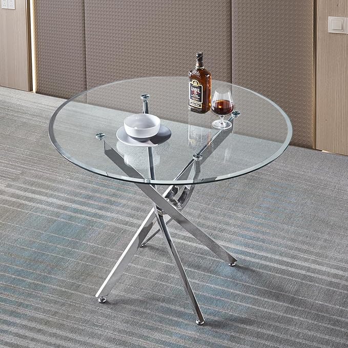 Goujxcy 5 Piece Round Glass Dining Table Set for 4, 36" Round Dining Table & Chair Set Modern Circle Glass Kitchen Table and 4 Velvet Upholstered Chairs for Kitchen Dining (Silver Table & Blue Chair)