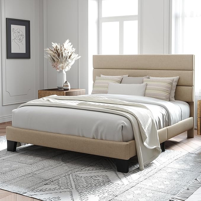 Allewie Queen Size Platform Bed Frame with Fabric Upholstered Headboard and Wooden Slats Support, Fully Upholstered Mattress Foundation/No Box Spring Needed/Easy Assembly, Beige