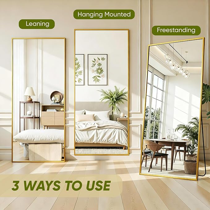 Full Length Mirror, 76"x34" Full Body Mirror, Floor Mirrors with Stand, Body Mirrors Standing Hanging Leaning Against Wall,Aluminum Frame Mirrors for Bedroom Cloakroom,Living Room,Gold
