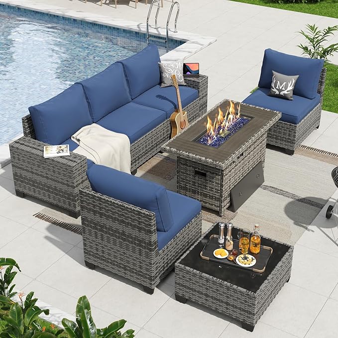 Aoxun 7 Pieces Patio Furniture Set with 40” Fire Pit Table Wicker Rattan Outdoor Sectional Conversation Set with Coffee Table and 4” Thickened Cushions, Blue(Waterproof Cover Included)