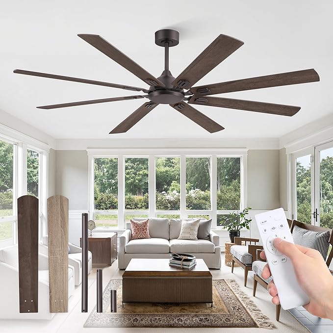 72 Inch Ceiling Fans No Light with Remote, Modern Ceiling Fan Without Light, Dual Finish 8 Blades, Reversible DC Motor, 6 Speed, Large Ceiling Fan for Indoor or Covered Outdoor, Oil Bronze