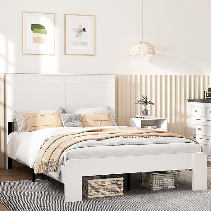 Full Size Bed Frame, Rustic Vintage Platform Bed Frame with Wood Headboard and Footboard, 12 Wood Slats Support, No Box Spring Needed (White, Full)