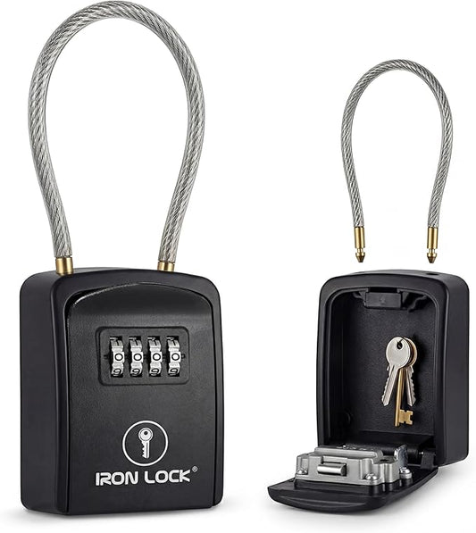 Iron Lock® Key Lock Box Portable with Cable Shackle – Small Waterproof Heavy-Duty Metal Safe with 4-Digit Combination for Spare Keys Outside on Door Knob, Fence, Pipe or Gate (Black, Small)