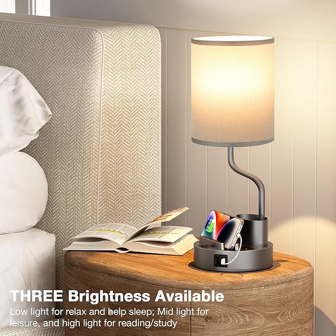 Grey Bedside Table Lamps for Bedroom Set of 2 - Nightstand Light with AC Outlet and USB A & C for Charging, 3 Color Temperatures Desk Lamp with Pen Holder & Phone Stand for Living Room/Dorm/Office