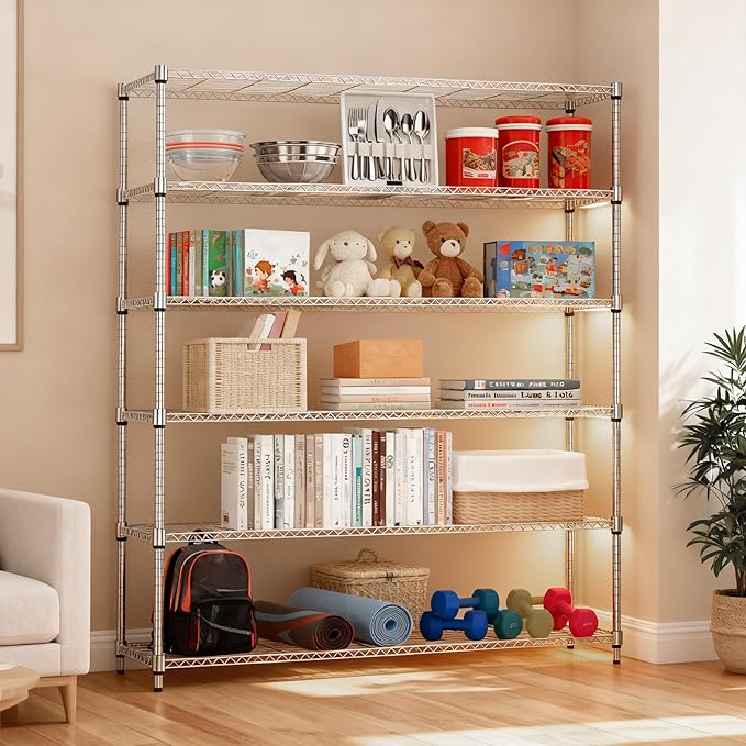 6 Tiers Shelf 2100 lbs Steel Storage Shelving Utility Shelving Unit Steel Organizer Wire Rack for Home,Kitchen,Office,Garage Chrome 17.7" D x 47.2" W x 82.4" H