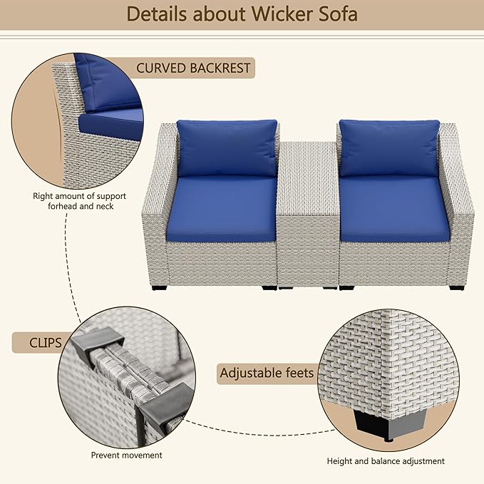 LHBcraft Patio Conversation Set Rattan Outdoor Sectional Furniture Sofa Set Wicker Couch with Coffee Table and Cushions for Poolside, Backyard (White-Blue, 3-PCS)