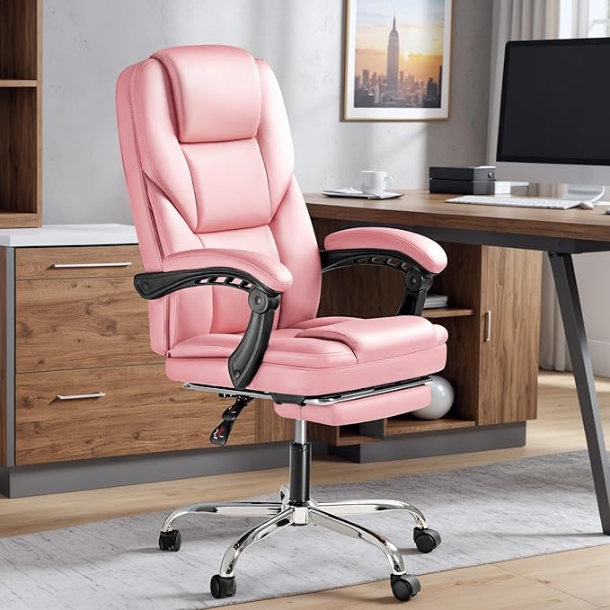 Furmax Executive Office Chair with Foot Rest Big and Tall Office Chair Ergonomic Home Office Desk Chairs Reclining High Back Leather Chair with Lumbar Support, 400LBS (Pink)