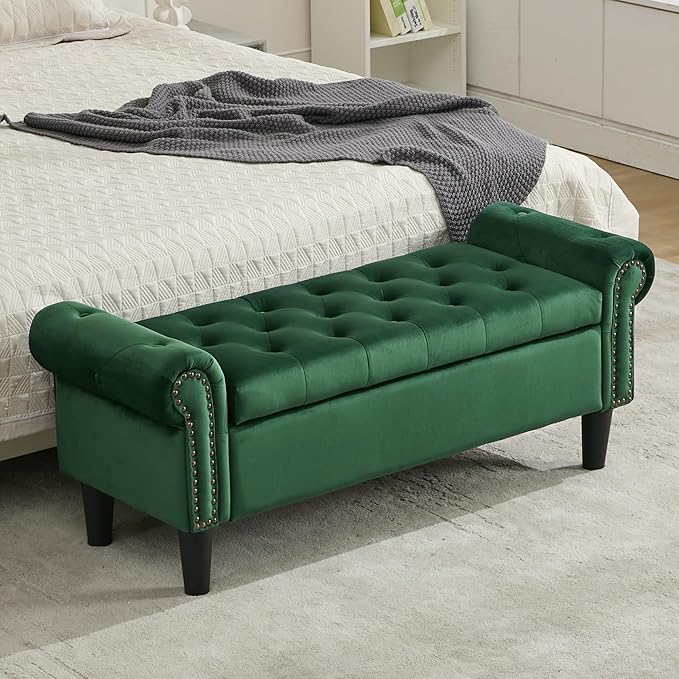 Storage Bench, 50" Queen End of Bed Bench, Velvet Tufted Button Upholstered Bedroom Bench, Storage Ottoman with Rolled Arms, Window Bench with Storage, for Living Room, Entryway Green
