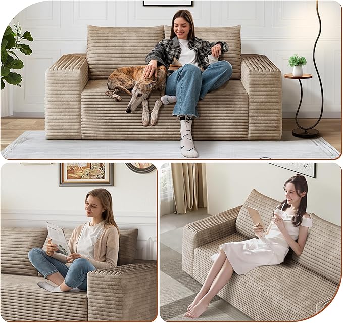 63" Corduroy Loveseat Sofa, 2-Seater Cloud Couch, Boneless Couch in a Box, Comfy Deep Seat Sofa with Memory Foam, Pillows and Wide Armrests, Modern Small Couches for Small Spaces, No Assembly (Camel)