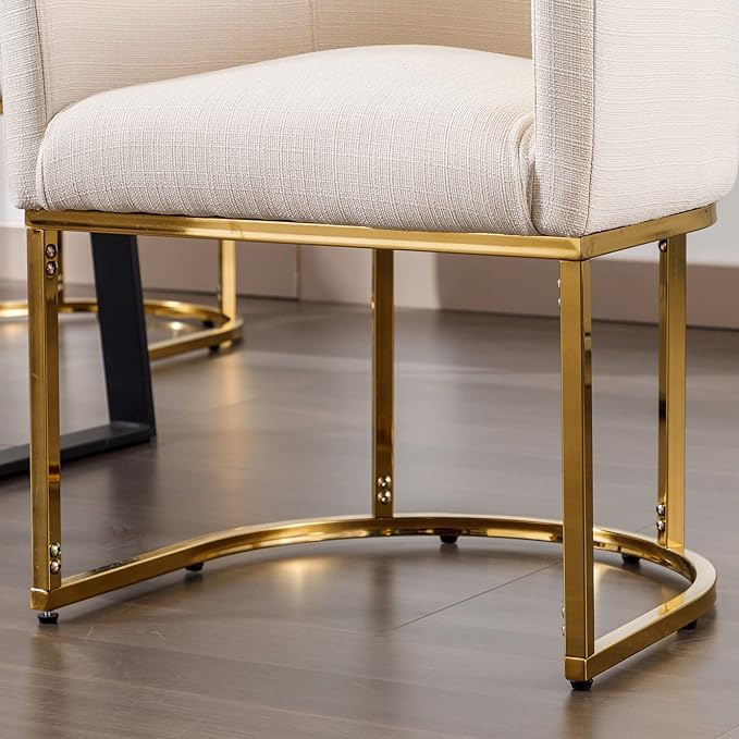 Linen Fabric Dining Chairs Set of 6 Modern Barrel Arm Chairs with Golden Frame, Upholstered Kitchen Chairs 18.5" Wide Accent Chairs for Living Room Dining Room Restaurant, Cream