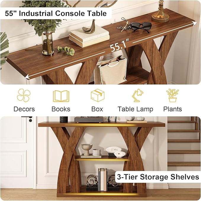 Console Tables, 55-Inches Walnut Console Table with Storage 3-Tier Farmhouse Narrow Entryway Table for Living Room, Hallway, Foyer(Brown)