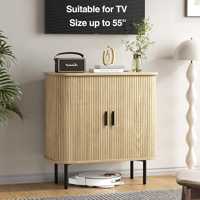 31''W Natural Buffet Sideboard Cabinet with Storage, Fluted Storage Cabinet with Curvy Edge; Sliding Door, Freestanding Accent Credenza, Console Table for Living Room, Kitchen, Hallway