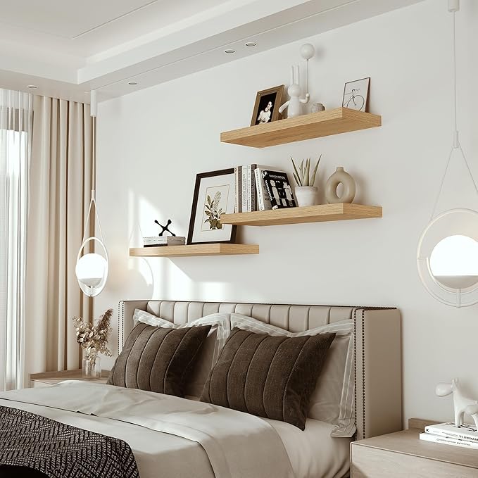 Vivelove Oak Floating Shelves 24 inchs Long, 9.1” Deep Bathroom Shelves Wall Mounted for Bedroom, Living Room, Kitchen, Office, Rustic Home Decor, Wall Shelves with Invisible Brackets, Set of 2