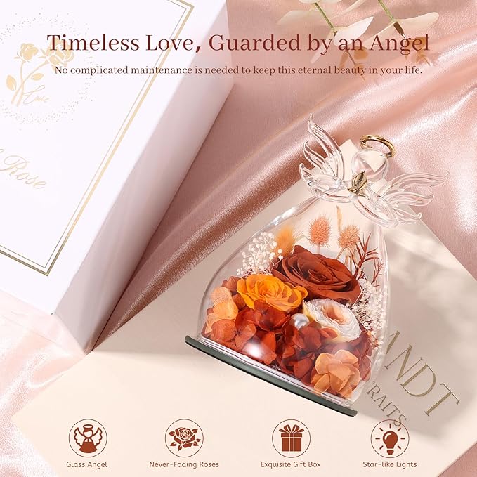 Birthday Gifts for Women Mom Preserved Roses in Glass Angel Figurines Fresh Flowers for Delivery Forever Flowers Eternal Rose Christmas for Grandma Sister Wife Her from Daughter