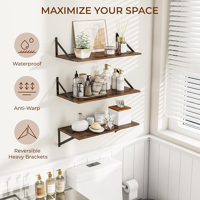 24"W x 12"D Wall Shelves for Books, 12 Inch Deep Floating Shelves Set of 3, Wide Floating Bookshelf with Metal Bracket for Living Room, Kitchen, Office, Bedroom and Decor Storage - Rustic Brown