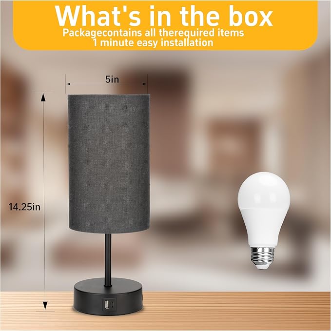 Bedside Table Lamp for Bedroom - 3 Way Dimmable Touch Lamp USB C Charging Ports and AC Outlet, Black Base Round Flaxen Fabric Shade for Living Room, Desk, LED Bulb Included(Black)