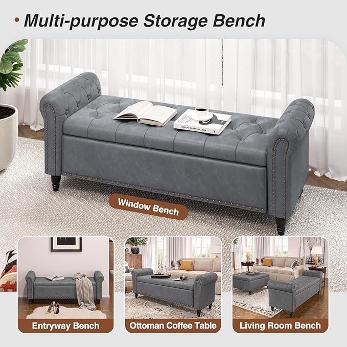 65 Inch Bedroom Bench, End of Bed Bench with Storage, Bed Benches for Foot of Bed, Faux Leather Window Bench with Tufted Button and Nailhead Trim, Upholstered Storage Bench with Rolled Arms, Gray