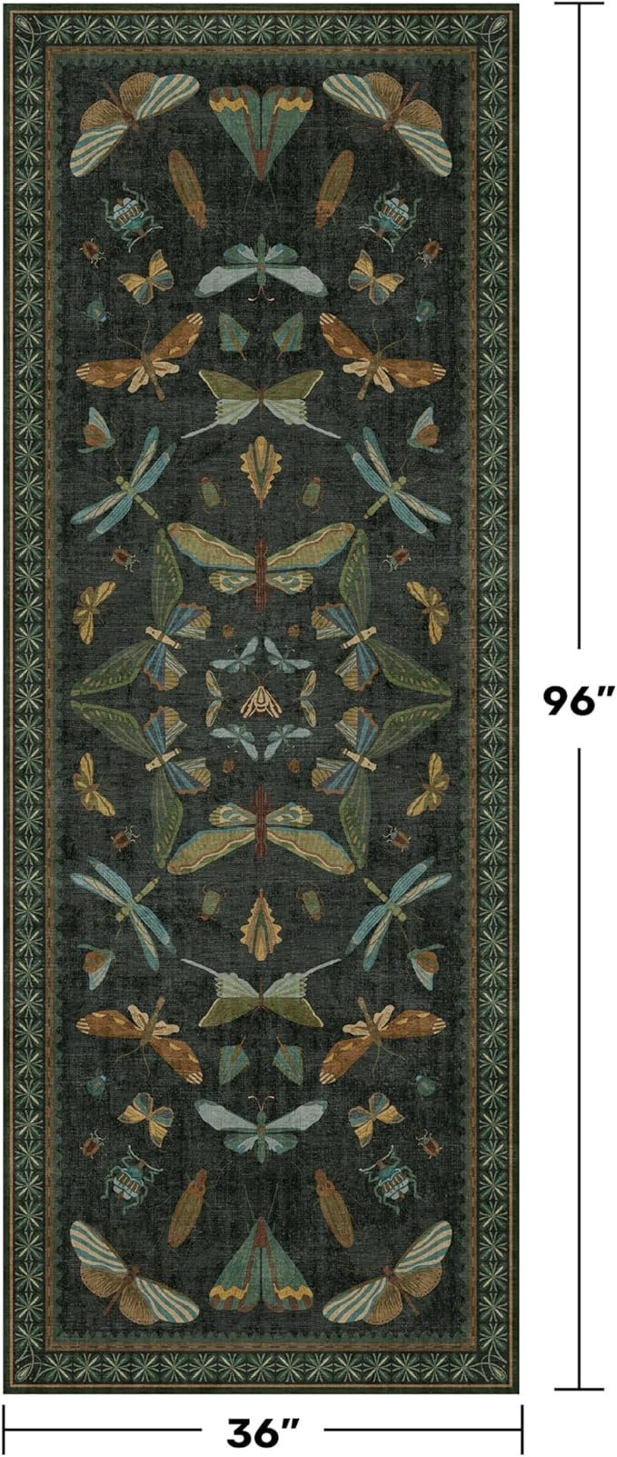 3x8 Dark Green Long Hallway Runner Rug - 8ft Washable Non Skid Wide Runner Rugs for Kitchen, Entrance, Boho Insect Indoor Décor, Low Pile & Soft Stain Resistant Carpet