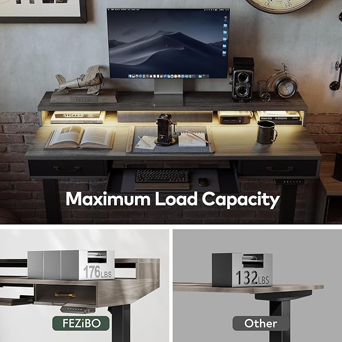 FEZIBO 55 x 24 Inch Height Adjustable Electric Standing Desk with Double Drawers&Keyboard Tray, Stand Up Desk with LED Strips&Monitor Stand,Rustic Grey Top