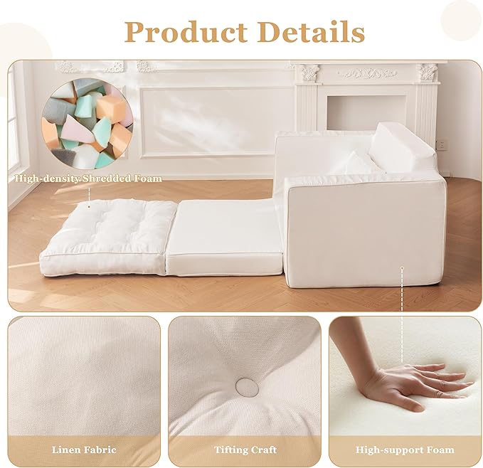 YOSHOOT Loveseat Sleeper Sofa,55" Convertible Sofa Bed Couch Futon Couches for Living Room,3-in-1 Pull Out Floor Couch with Backrest and Pillows, White