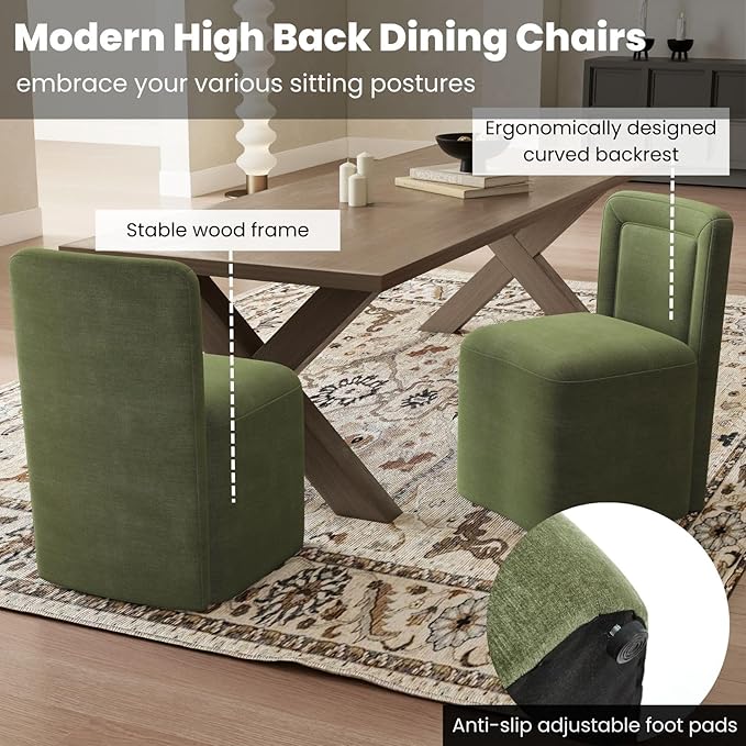 Green Upholstered Dining Chairs Set of 4, Armless Modern Chenille Dining Chairs with High Back, Kitchen Chair for Dining Room/Restaurant/Living Room