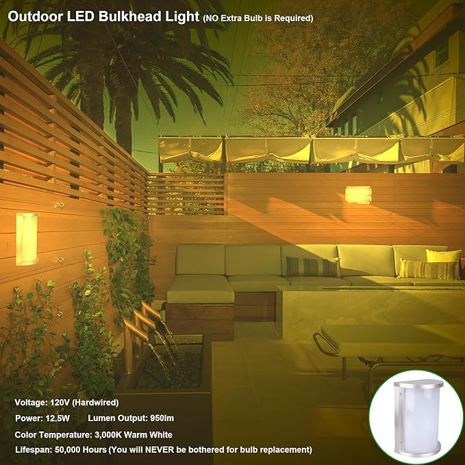 LIT-PaTH Outdoor Wall Lantern, LED Bulkhead for Wall Sconce Light, 12.5W, 950 Lumen, 3000K, Aluminum Housing Plus PC