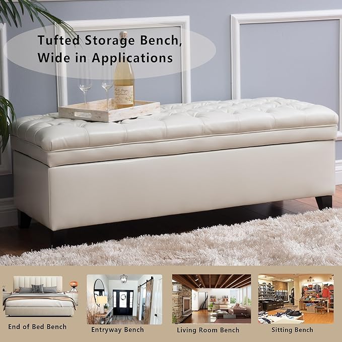 Setawix PU Leather Storage Bench for Bedroom, Living Room, Entryway, 50"W x 18.3"H, Ivory, Wood Legs