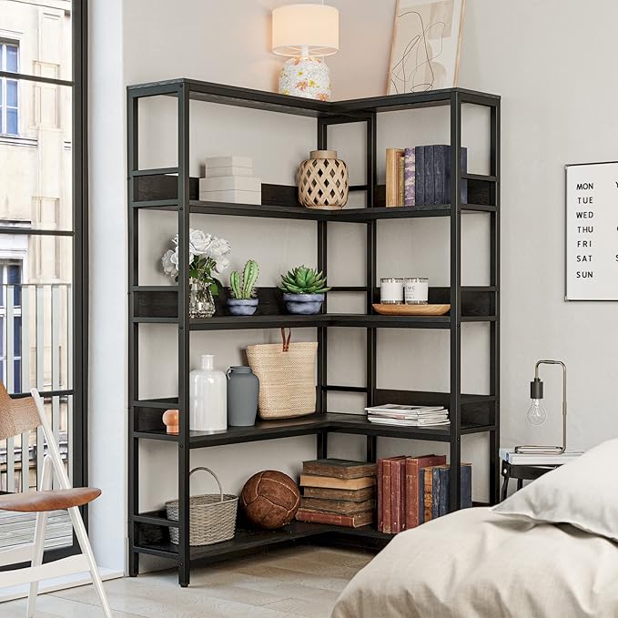IRONCK Corner Bookshelf 5 Tiers, Industrial Corner Bookcase with Baffles Etagere, L Shaped Bookshelves with Metal Frame, Corner Shelf Storage Rack for Living Room Home Office