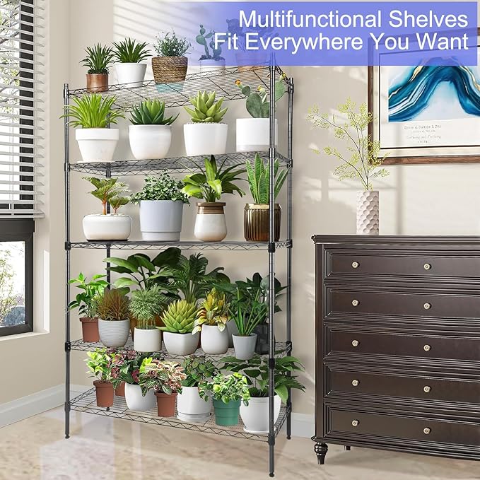 Whitmor 5 Tier Metal Storage Shelves, Heavy Duty with 4 Wheels & Adjustable Feet, 400 lbs Capacity per Shelf, Max 2000 lbs Total for Home, Garage, Workshop, 36" L x 14" W x 60" H, Black