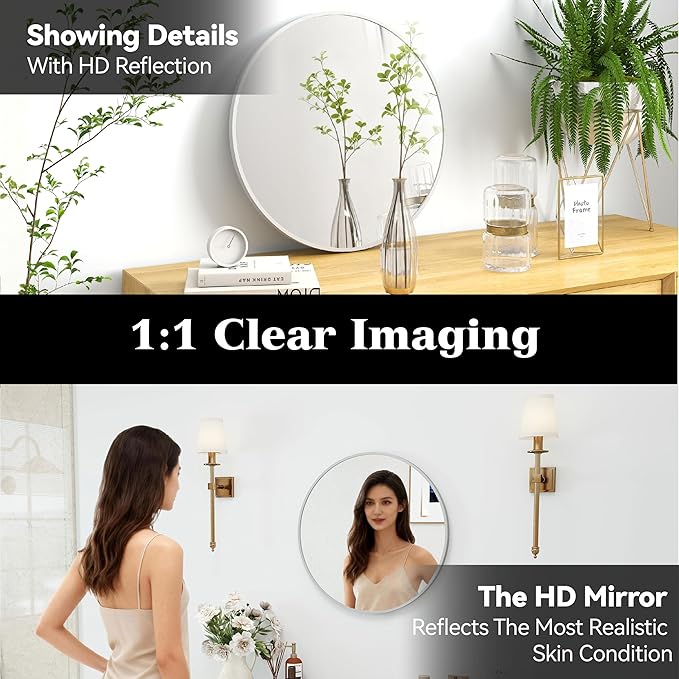 20" Round Mirror Circle Wall Mounted Hanging or Against Wall Metal Frame Dressing Make-up Mirrors for Entryway Bedroom Bathroom Living Room 20 inch Silver