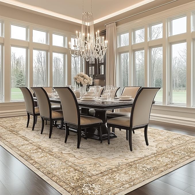 10x14 Area Rugs for Large Living Room Washable Soft Boho Vintage Floral Stain Resistant Indoor Floor Carpet Rug Low Pile Accent Rugs for Bedroom Family Room Nursery Dorm Office Dining Room,Beige