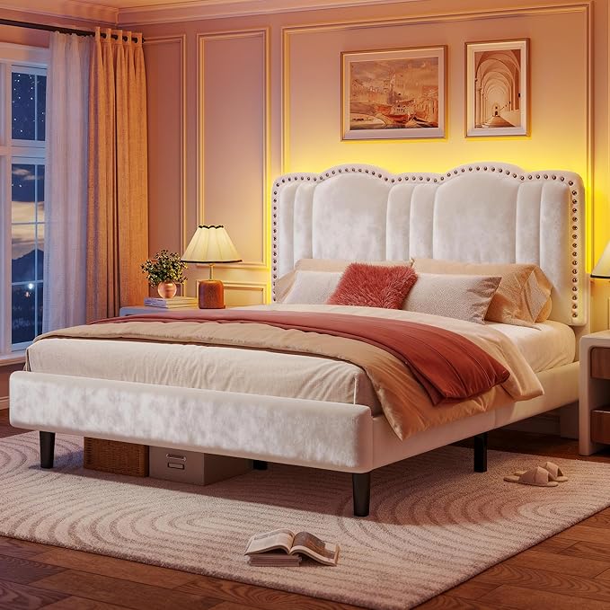EnHomee Queen Bed Frame with LED and Velvet Headboard, Bed Frame Queen Size with Adjustable Cute Cloud Headboard, Strong Support, Noise Free, No Box Spring Needed, Easy Assembly, Cream