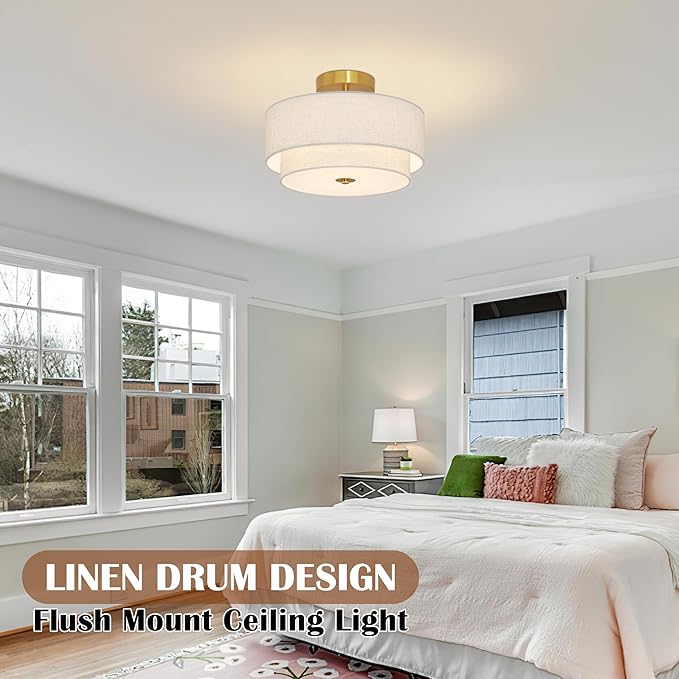 2 Light Semi Flush Mount Ceiling Light Fixture 12.6 Inch Modern Gold Drum Lights Fixture with 2-Layer Fabric Shade Dimmable Close to Ceiling for Living Room Hallway Bedroom Entryway
