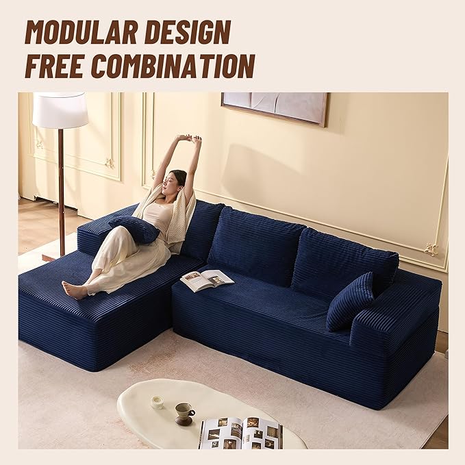 107" Boneless Couch with Deep Seat, Modular Sectional Sofa, Cloud Sectional Couch for Living Room, No Assembly Required, Corduroy, L-Shape Left?Blue